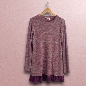LOGO Lori Goldstein Layered Lace Hem Long Sleeve Marled Knit Tunic XS (2/4) Plum